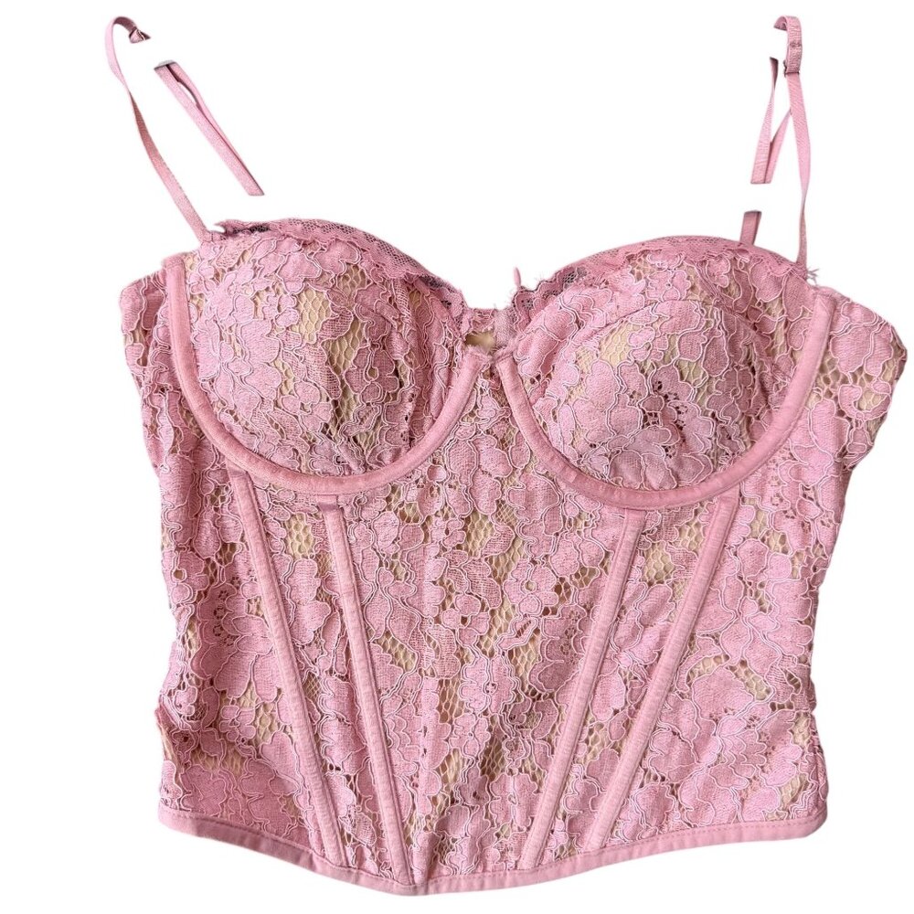 Pink Lace Corset Bustier Top Underwire Boning Adjustable Straps, Small